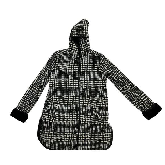 Ike Behar Hooded Houndstooth Coat Black White Fur lining Size Small Fleece - Picture 1 of 8